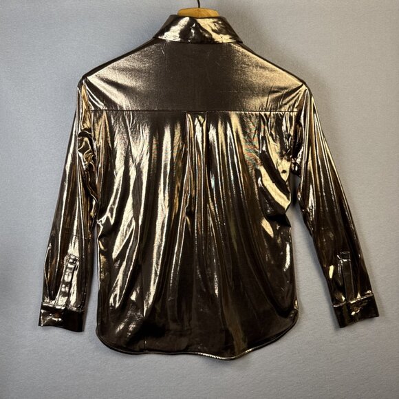Anthropologie Gillian Liquid Shine Button Front Shirt Gold Size XXS Blue Blood - Picture 7 of 10
